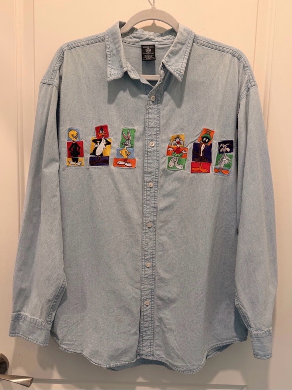 Warner Bros. Light Blue Denim Button-Up with Looney Tunes Patches